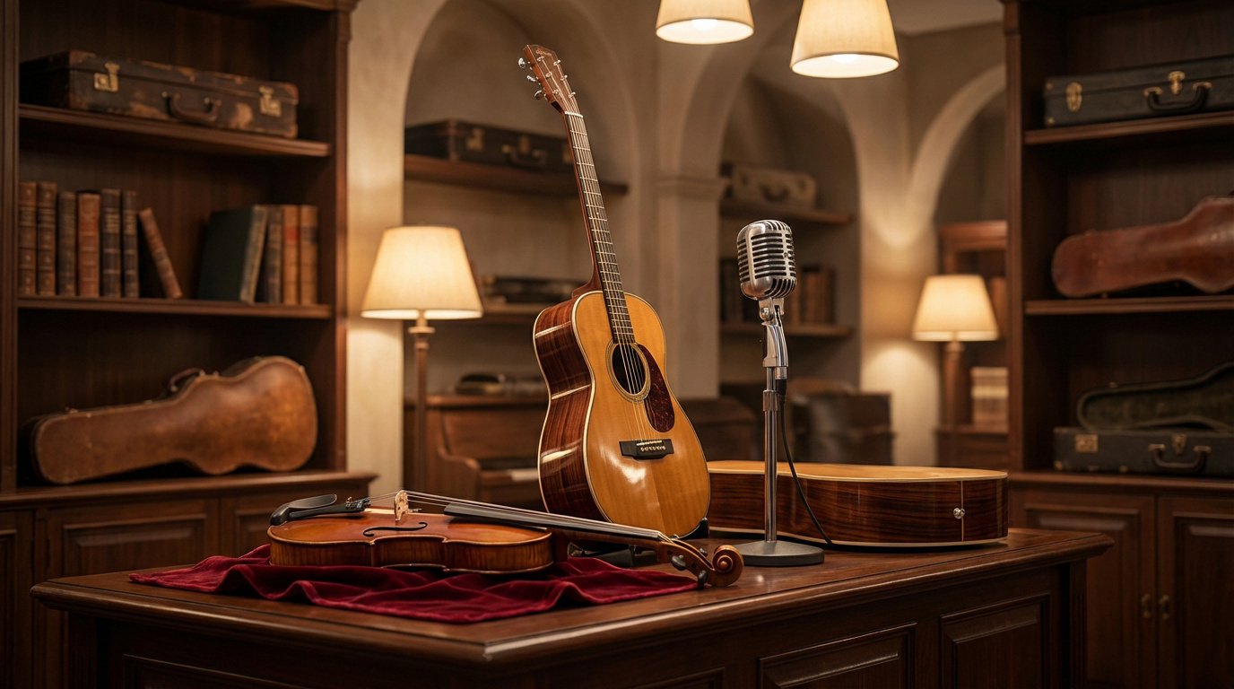 Une guitare acoustique, un violon et un microphone vintage sur un bureau en bois, dans une pièce chaleureuse remplie de livres et d'étuis d'instruments.