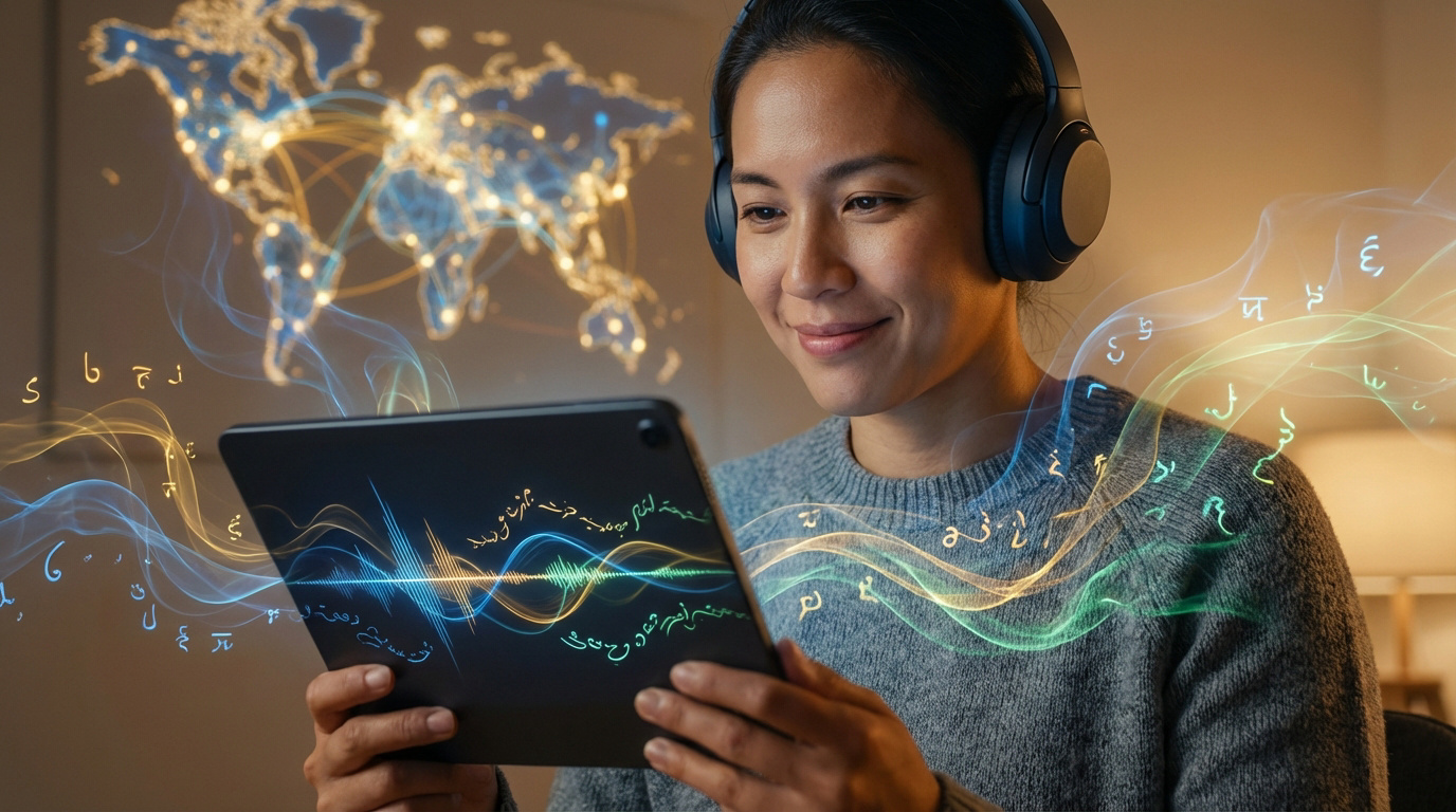 Femme avec casque utilise une tablette affichant des ondes sonores et symboles linguistiques. Carte du monde lumineuse en fond.