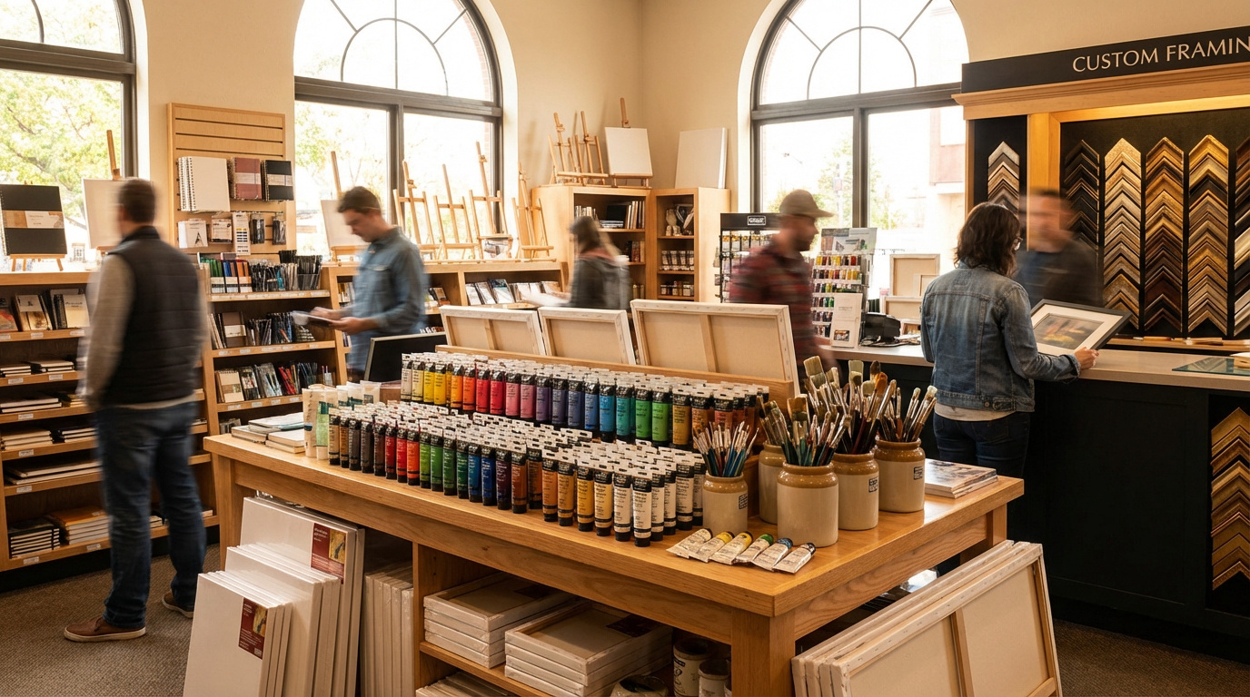 Magasin d'art lumineux Dalbe avec des clients, des étagères de fournitures, un grand présentoir de peintures et un service d'encadrement.