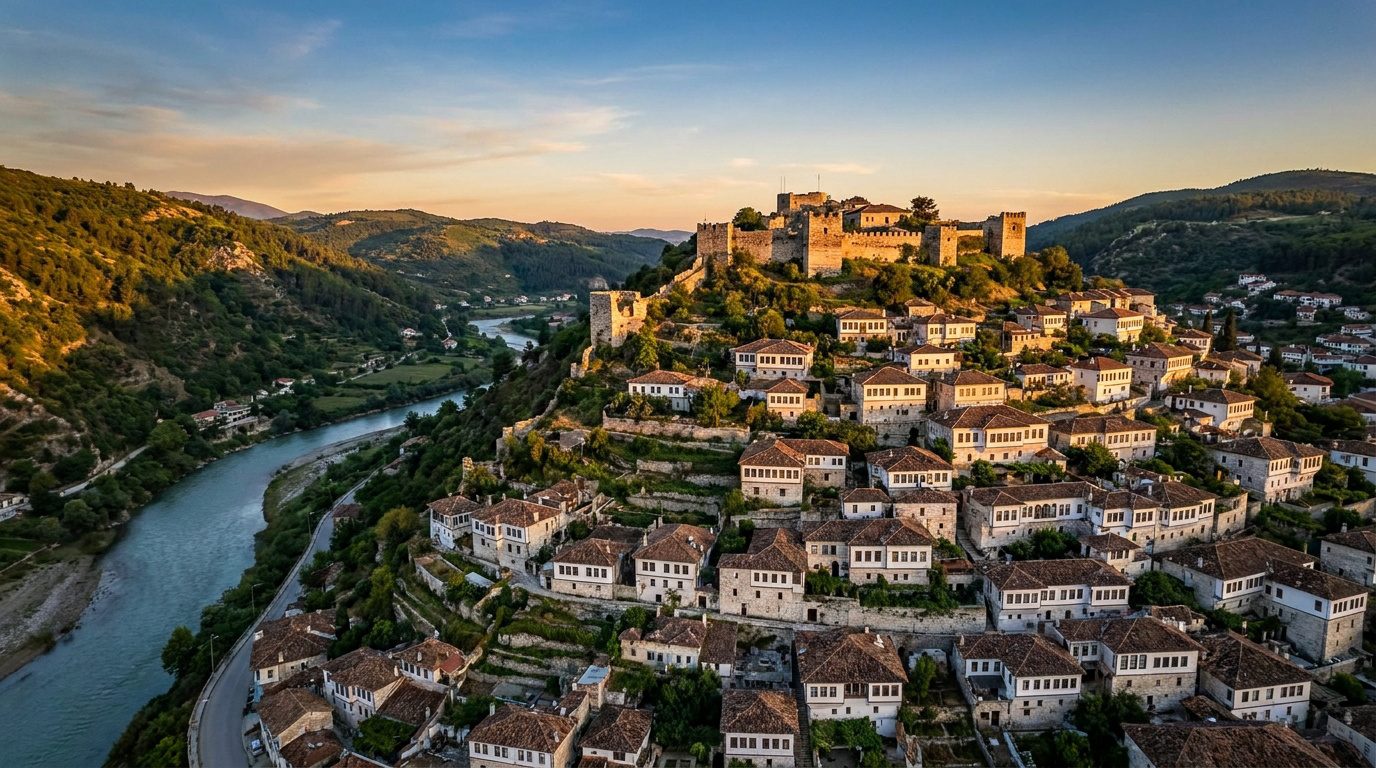 Vue aérienne de Berat avec ses maisons ottomanes blanches et son château dominant la rivière Osum au coucher du soleil.