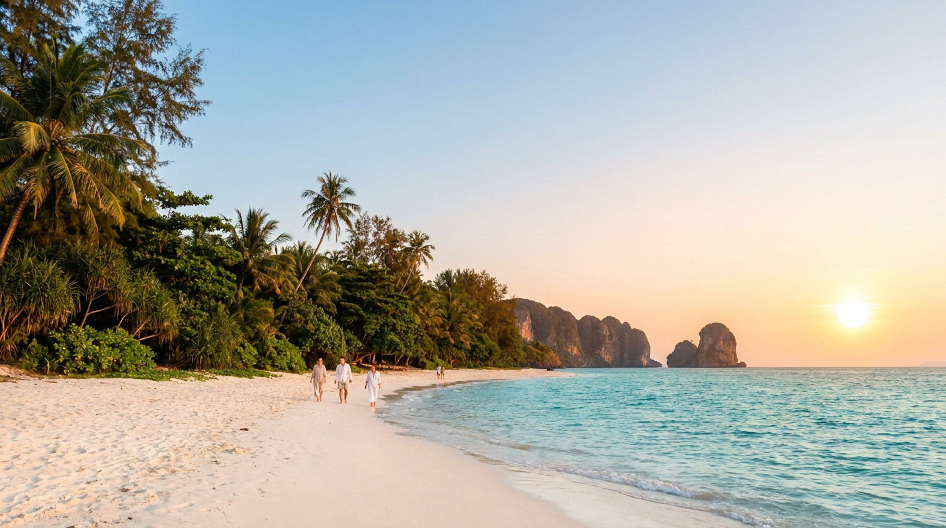 Des personnes marchent sur une plage de sable blanc bordée de cocotiers au coucher du soleil à Khao Lak, Thaïlande.