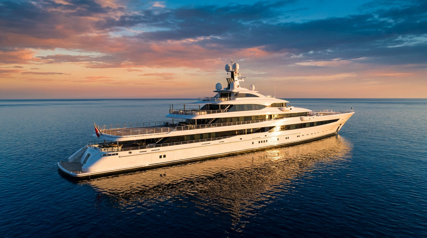 Un grand superyacht blanc naviguant sur une mer calme sous un ciel coloré au coucher du soleil.