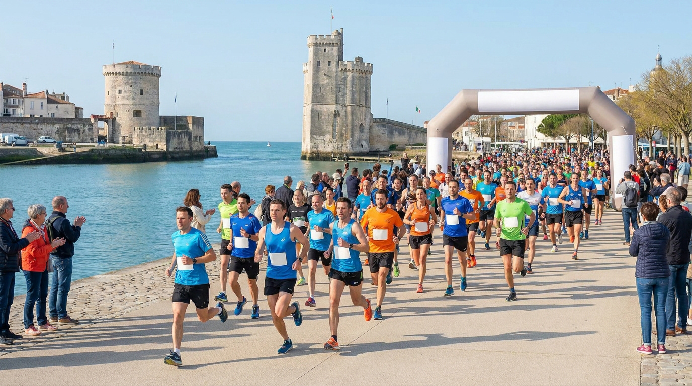 Participants courant sur le port de La Rochelle devant les deux tours emblématiques lors d'une course à pied.