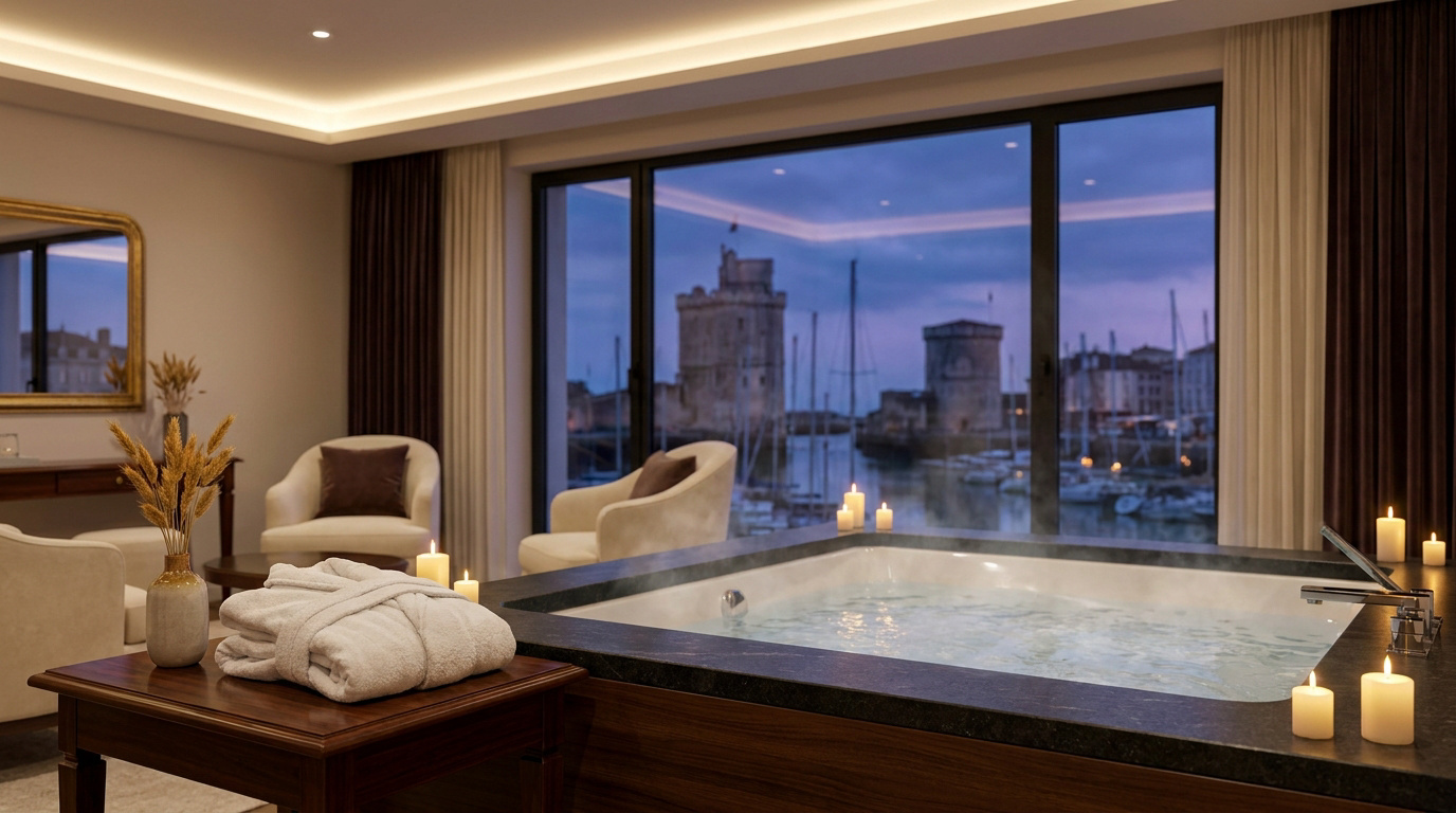 Chambre romantique avec spa et vue panoramique sur les tours du Vieux-Port de La Rochelle au crépuscule.