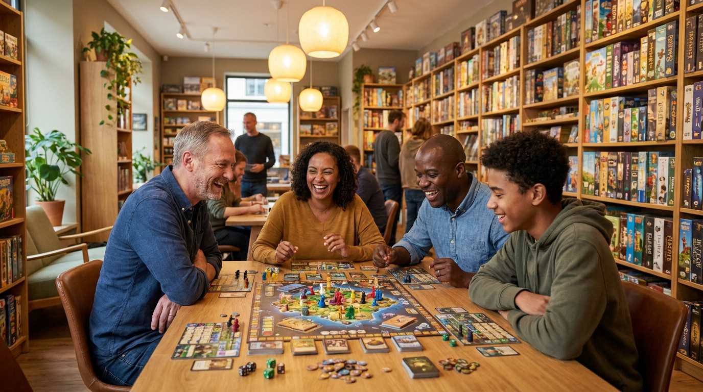 Groupe de quatre personnes souriantes jouant à un jeu de plateau dans la boutique Sortilèges à La Rochelle.