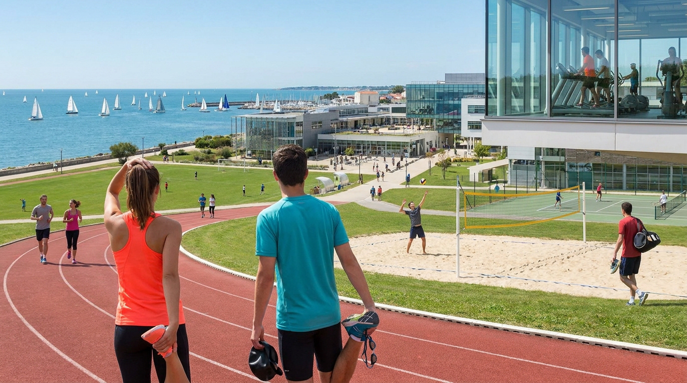 Étudiants pratiquant le sport sur une piste d'athlétisme avec vue sur la mer à La Rochelle.