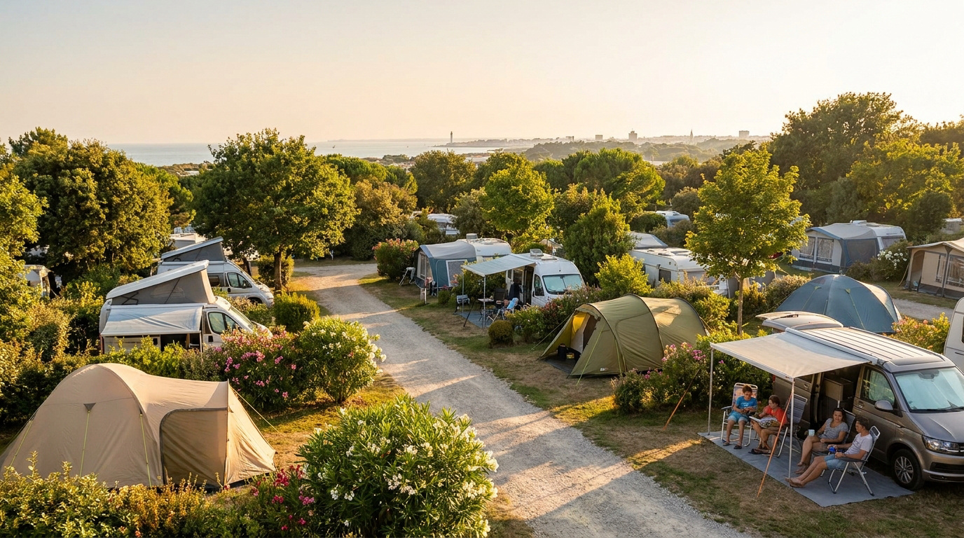 Vue panoramique d'un camping arboré avec tentes, camping-cars et une famille détendue au soleil couchant.