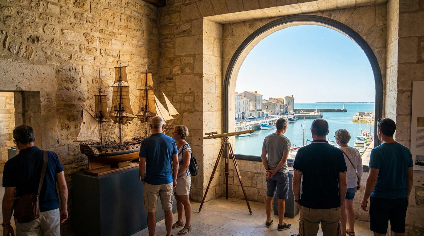 Des visiteurs observent une maquette de navire avec le Vieux-Port de La Rochelle en arrière-plan à travers une grande fenêtre.