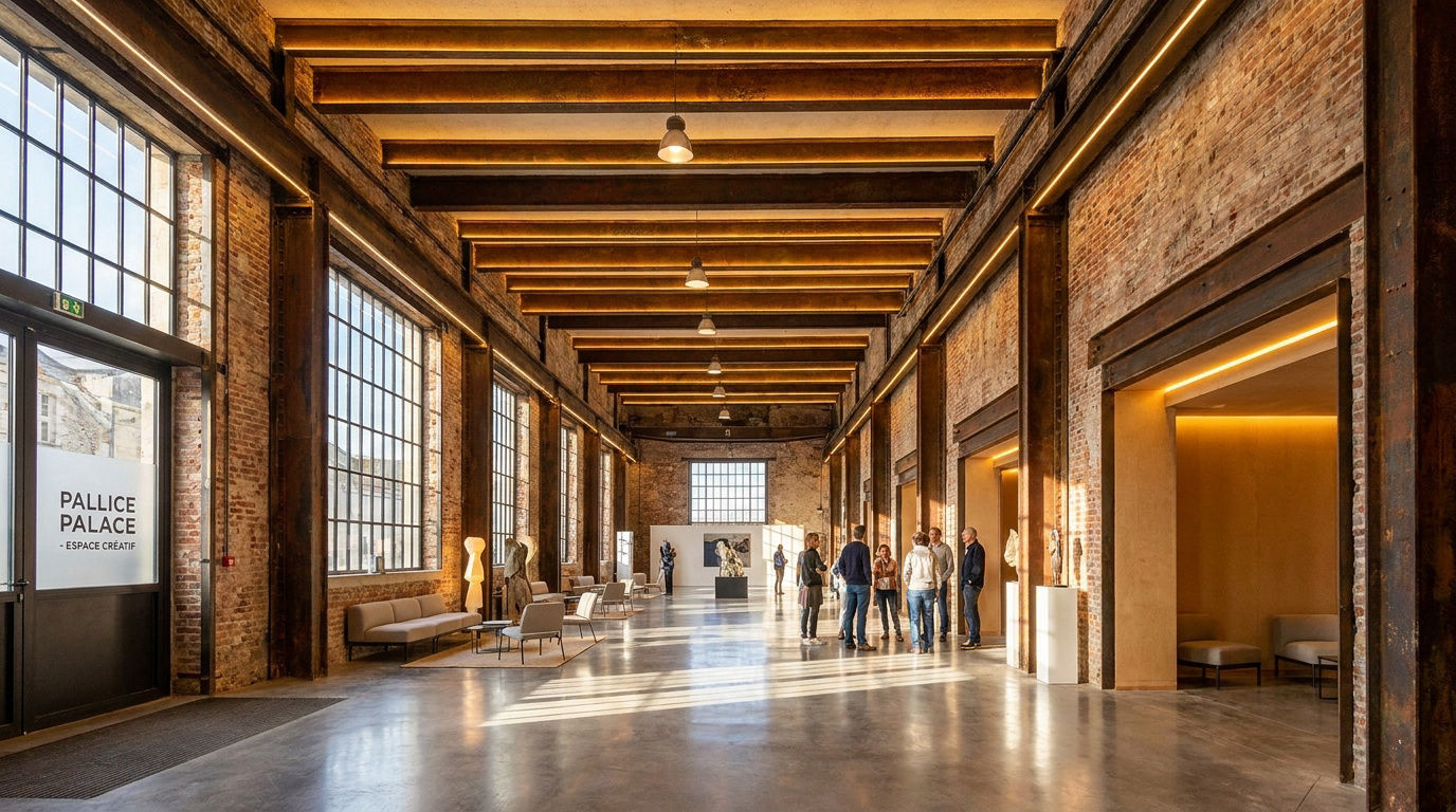 Intérieur spacieux d'une ancienne halle industrielle rénovée en espace créatif avec des briques et des poutres apparentes.