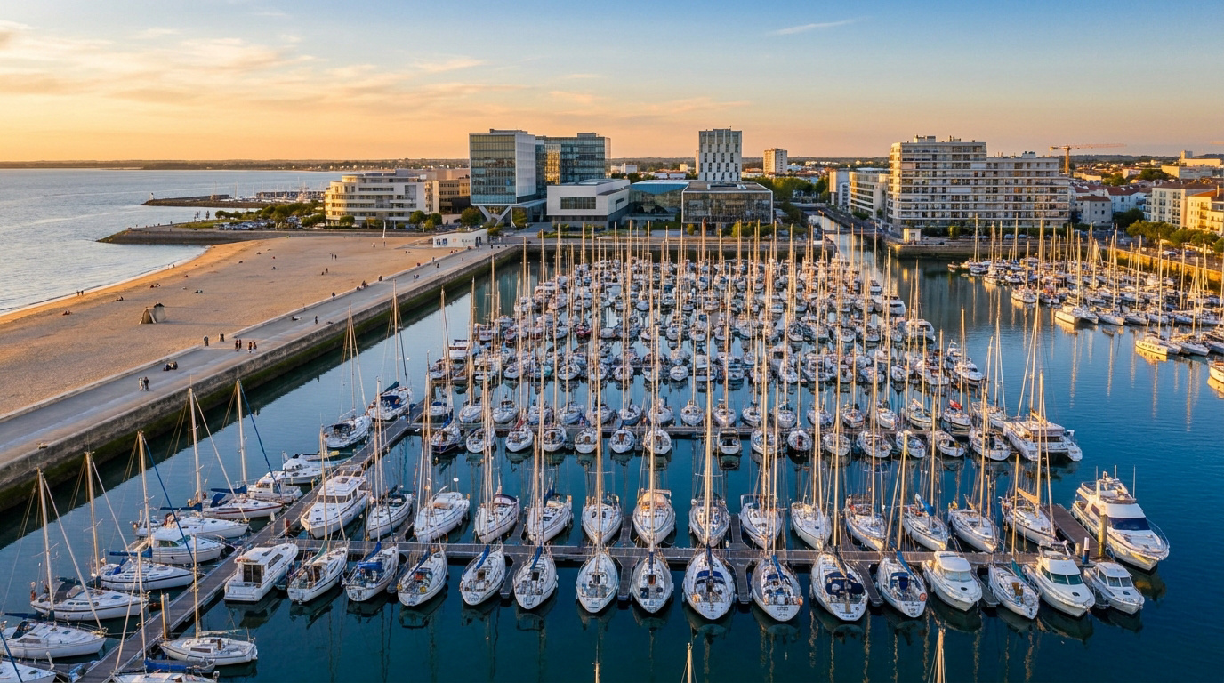 Vue aérienne du port des Minimes à La Rochelle au coucher du soleil avec des centaines de voiliers amarrés.
