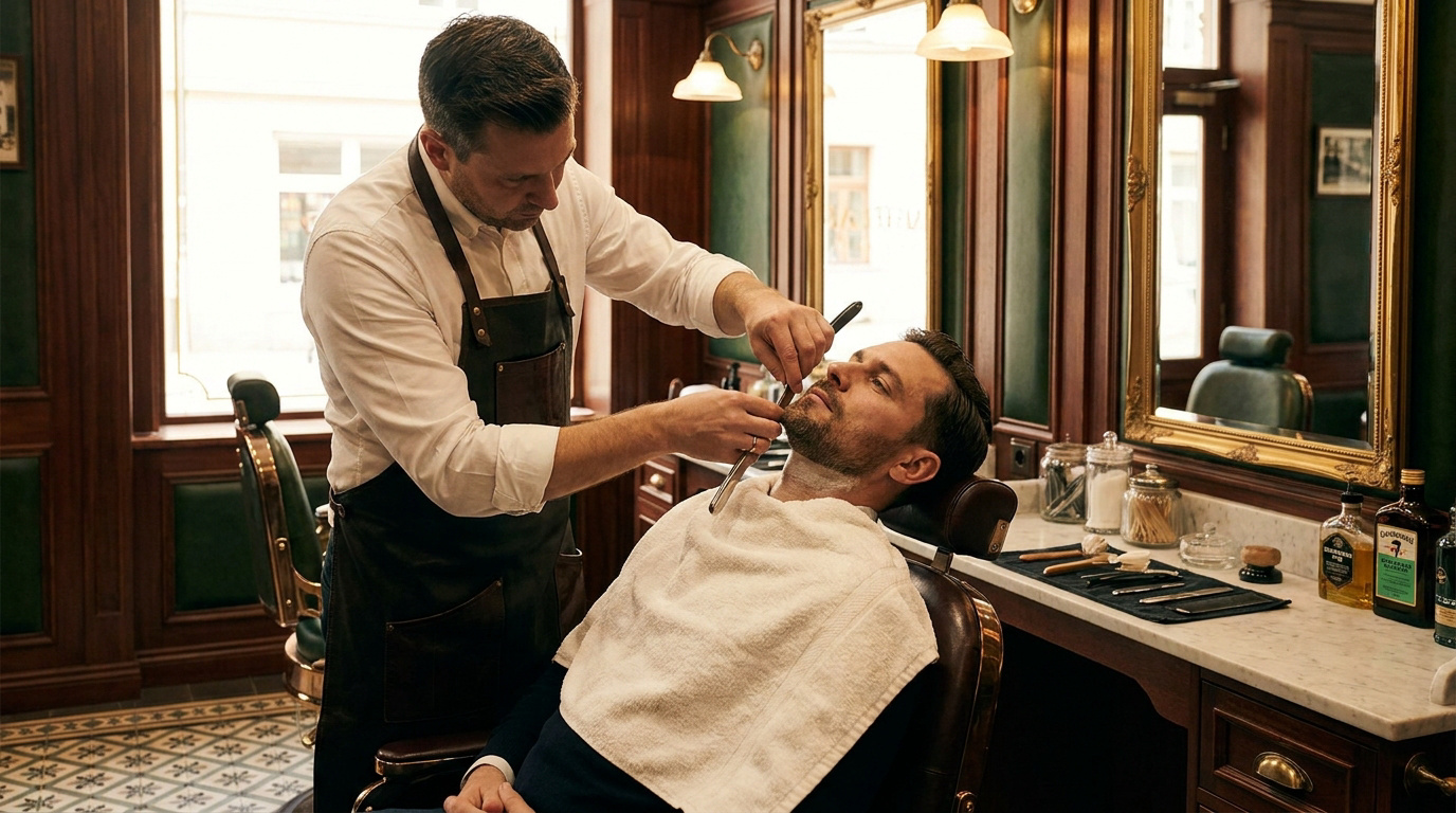 Un barbier professionnel rasant la barbe d'un client dans un salon traditionnel au décor vintage élégant.