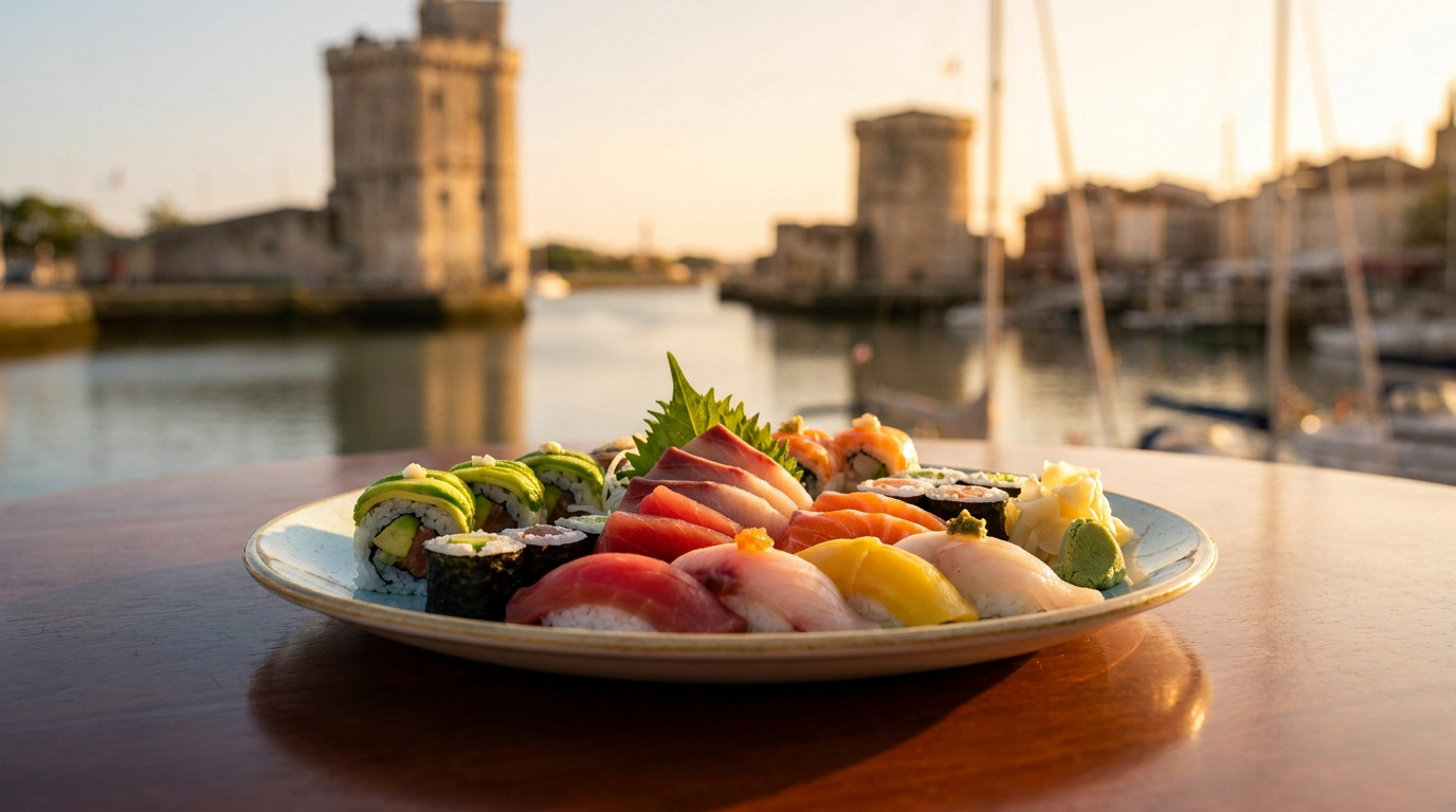 Une assiette de sushis variés devant les tours du Vieux-Port de La Rochelle au coucher du soleil.