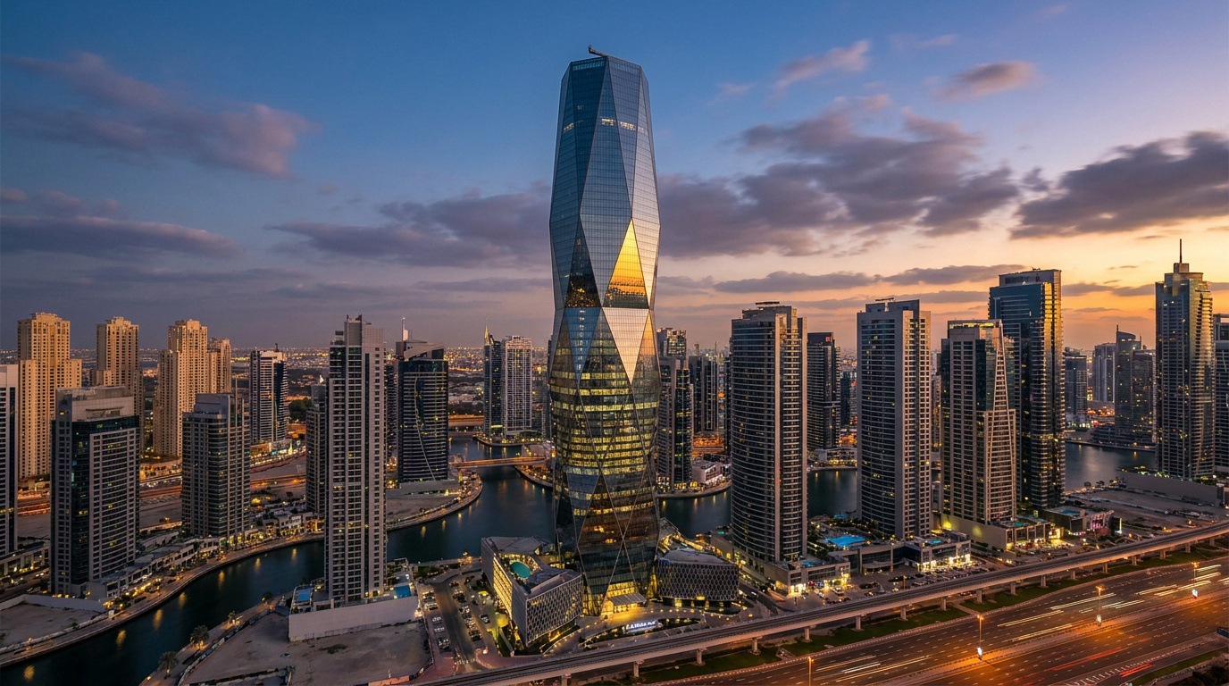 Vue aérienne panoramique de l'Almas Tower à Dubaï lors d'un coucher de soleil doré avec des gratte-ciel environnants.