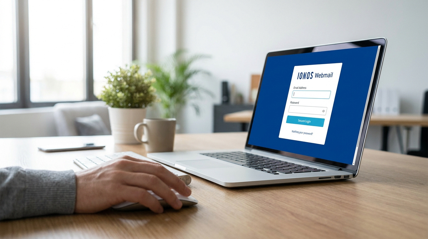 Un ordinateur portable ouvert sur une page de connexion webmail IONOS posé sur un bureau moderne.