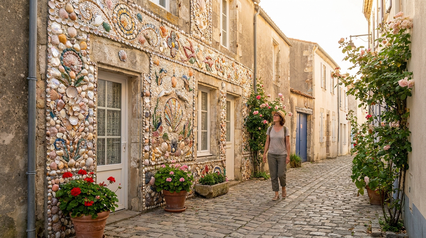 Une femme marche dans une ruelle pavée aux murs décorés de mosaïques en coquillages aux Sables d'Olonne.