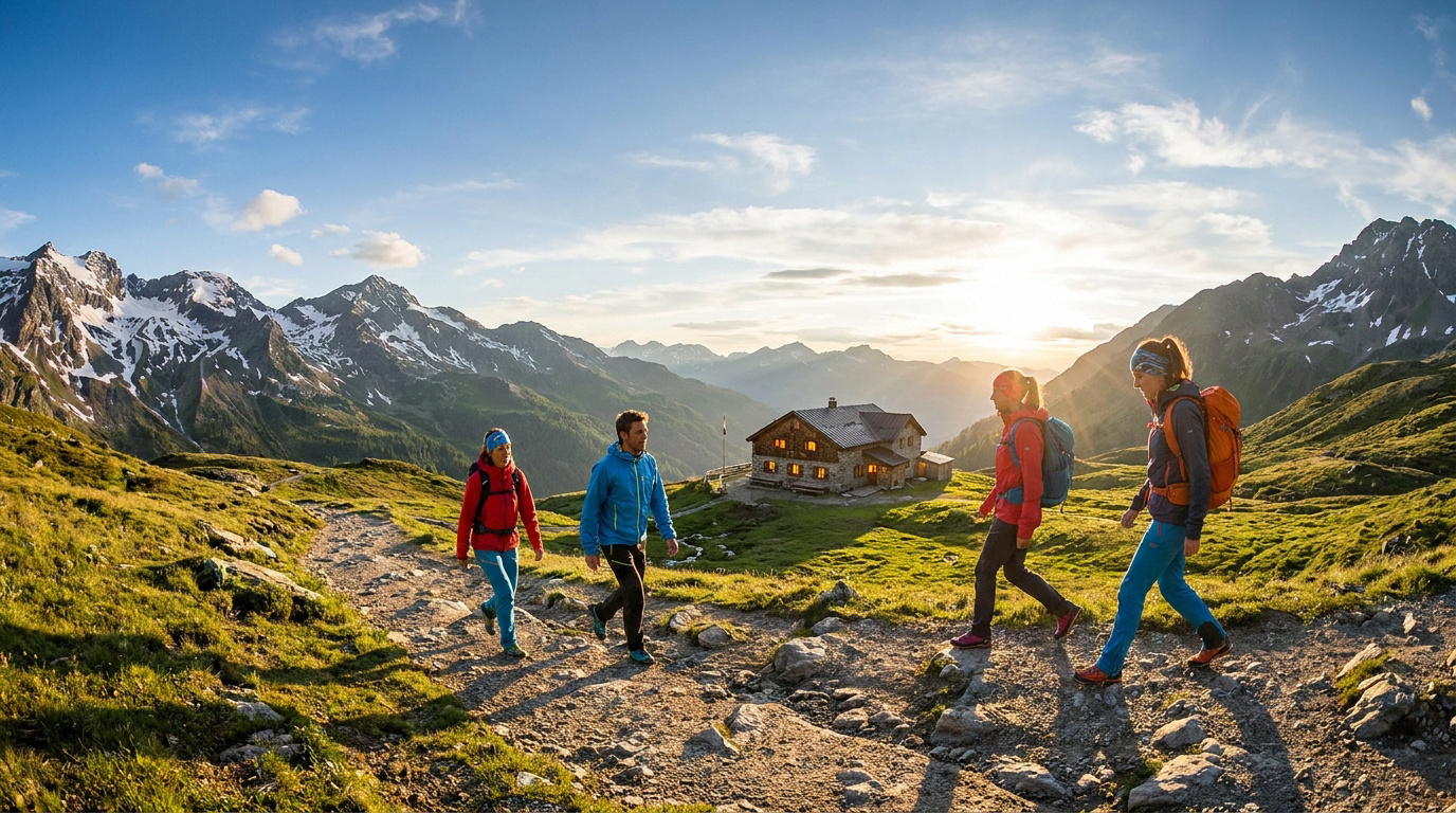 Quatre randonneurs marchant sur un sentier en montagne avec un refuge en arrière-plan sous un ciel ensoleillé.