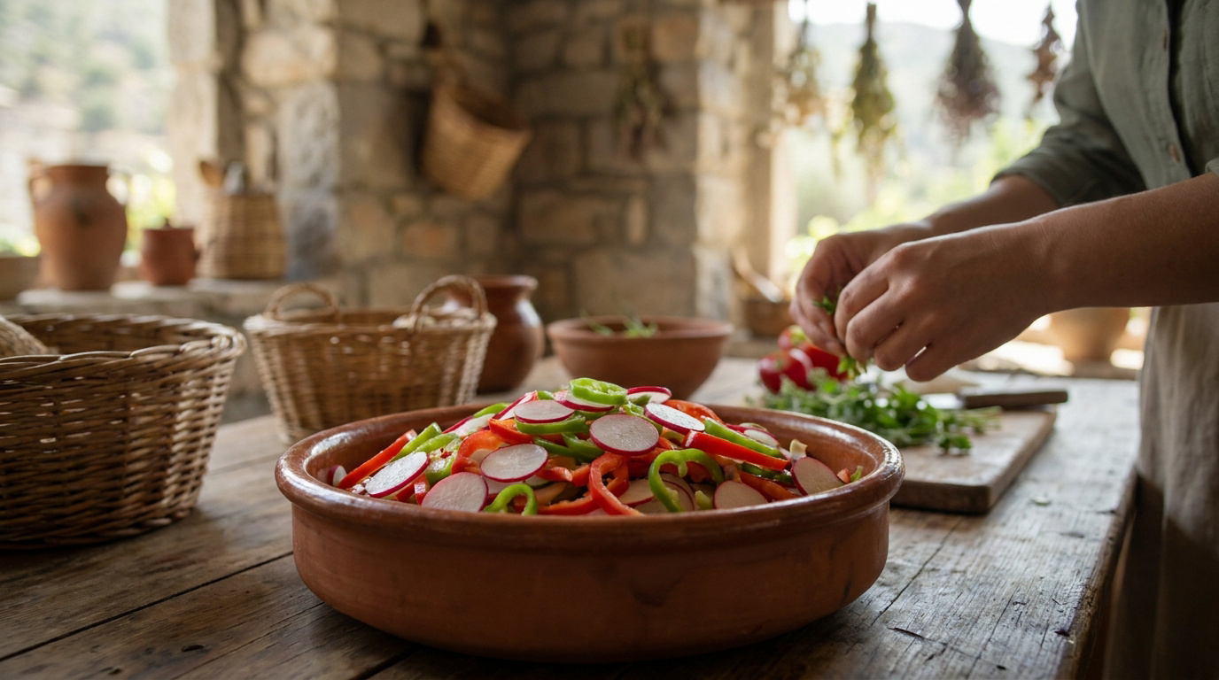 Une personne prépare une salade de légumes frais dans un plat en terre cuite sur une table en bois rustique.
